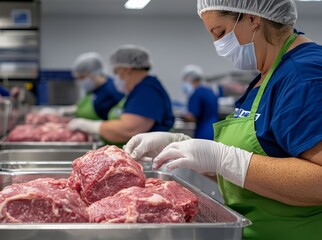 workers in meat processing facility wearing protective gear handling raw meat, perfect for meat factory, food safety