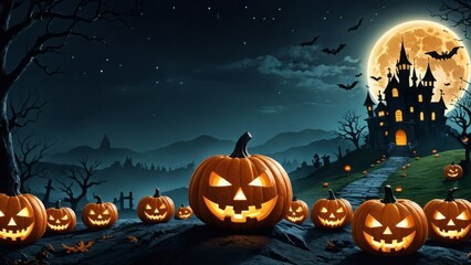 Jack-o'-lanterns and bats leading up to a haunted castle under a bright moon