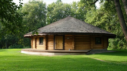 Fototapeta premium Round Wooden Cabin Nestled in a Lush Green Forest