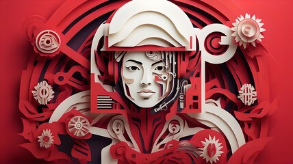 Obraz premium Artwork depicting a futuristic astronaut woman in a vibrant red and white design with mechanical elements and floral motifs