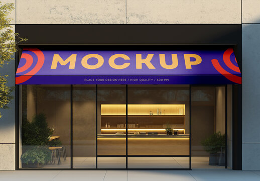 Storefront Awning Mockup &ndash; Realistic Street View Canopy Banner Template for Cafes, Boutiques, or Retail Shop Branding
