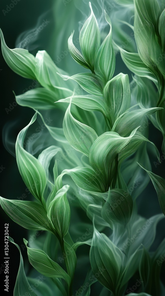 Poster serene botanical artwork with flowing green leaves and ethereal smoke on a dark background creating 