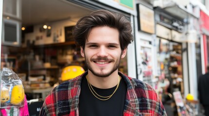 Obraz premium A cheerful young man poses with a friendly smile, dressed in a plaid shirt and layered necklaces, in front of a lively shop bustling with people on a bright day