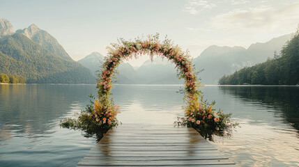 Beautiful wedding ceremony on the shore of the lake and arch with fresh flowers, Classic wedding arch on the shore of the lake, Elegant Wedding Arch Adorned with Roses 
