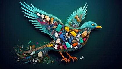 Naklejka premium This artwork celebrates Earth Day with a colorful bird created from recycled materials.