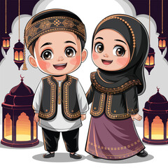 Cute Muslim Kids Holding Lanterns in Traditional Islamic Clothing – Ramadan and Eid Illustration