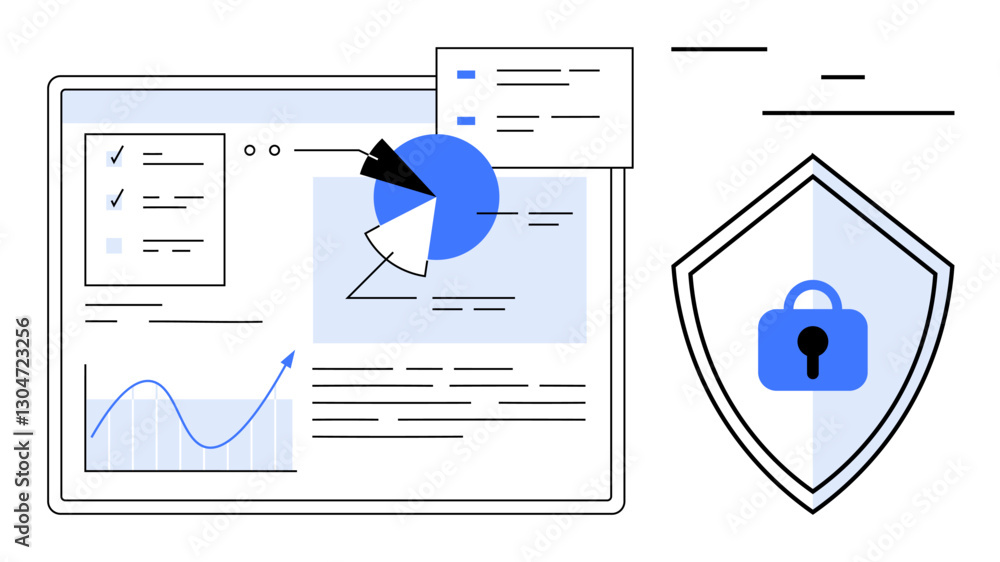 Poster data analysis dashboard with pie and line charts, report elements. shield icon with padlock highligh