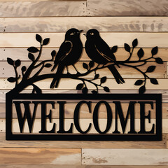  Black Silhouette of Two Birds on a Branch with Welcome Sign – Rustic Decorative Vector for Home and Garden