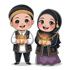 Cute Muslim Kids Holding Lanterns in Traditional Islamic Clothing – Ramadan and Eid Illustration