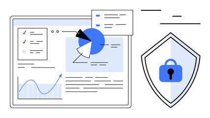 Data analysis dashboard with pie and line charts, report elements. Shield icon with padlock highlights security. Ideal for data protection, cybersecurity, analytics, reports, statistics, technology