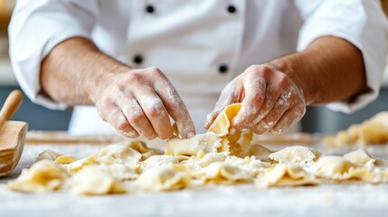 Chef making ravioli, folding dough with floury hands
