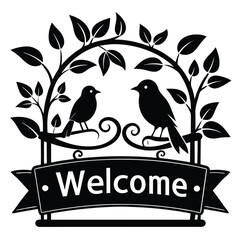  Black Silhouette of Two Birds on a Branch with Welcome Sign – Rustic Decorative Vector for Home and Garden