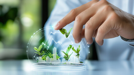 Innovative hand interaction with digital plants and growth graphs, symbolizing sustainability and eco friendly business practices