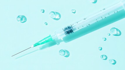 A clear syringe with a green needle tip is shown against a light blue backdrop.  This image represents healthcare and vaccination.
 