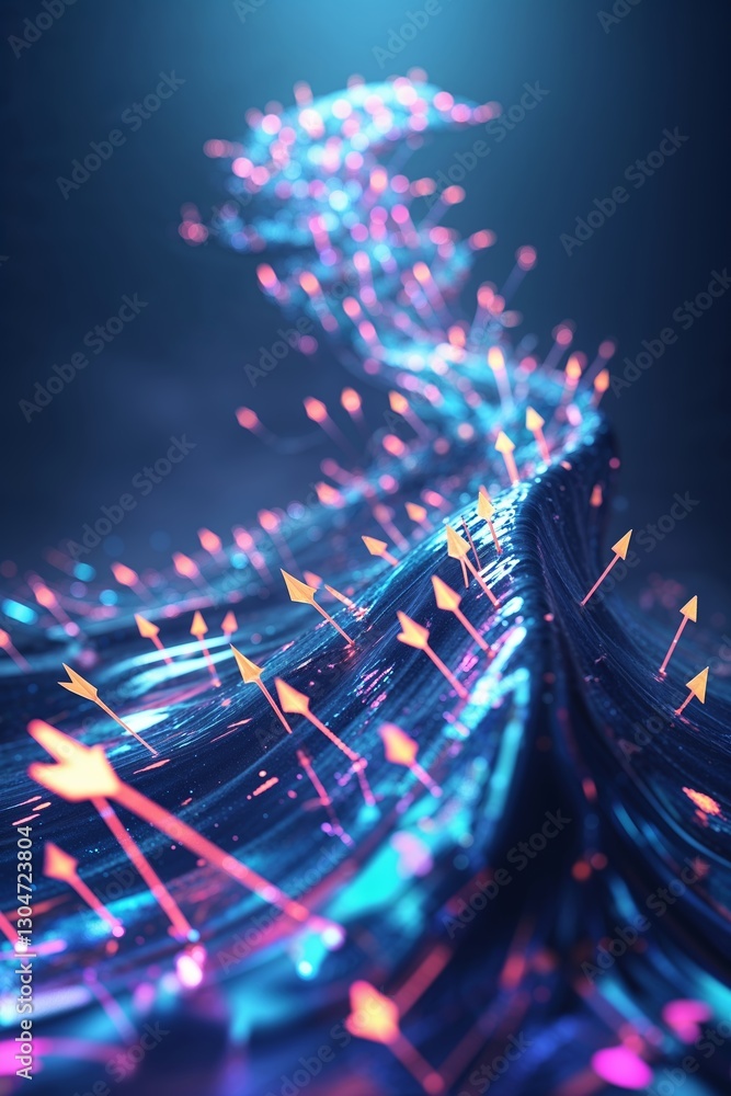 Poster dynamic flow of colorful particles creating a vibrant abstract wave in a digital environment