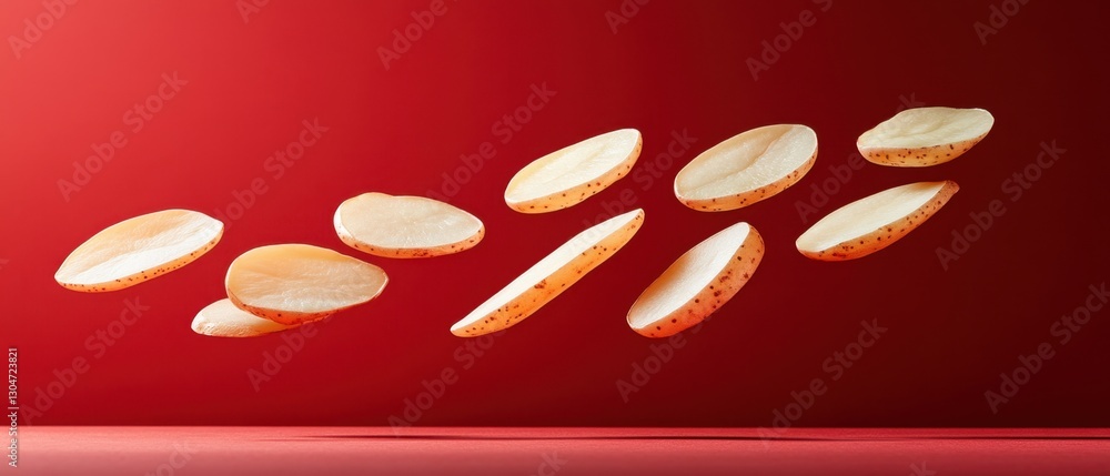 Poster sliced potato wedges floating on a vibrant red background creating a dynamic food still life for cul