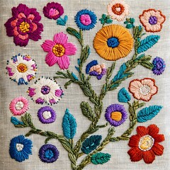 Floral Embroidery: A vibrant embroidery of stylized floral design, intricately stitched with vivid colors, showcasing detailed craftsmanship and the beauty of textile art.