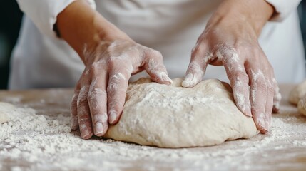 Baker kneading dough on wooden table in bakery or kitchen