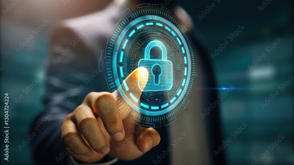 Aufkleber technology data security concept digital lock protection concept with a hand interacting with a glow