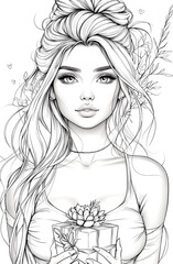 Fototapeta premium A coloring page of an elegant woman in a flowing, draped dress, posing gracefully with a subtle smile and wavy hair, surrounded by the beauty of nature