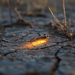 Fototapeta premium Glowing Frog Outline on Dry Cracked Riverbed Fragility of Life in Arid Environment