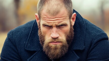 Obraz premium A man with a thick beard and serious expression kneels in an outdoor setting, wearing a dark coat. Autumn leaves and a muted background enhance the atmosphere