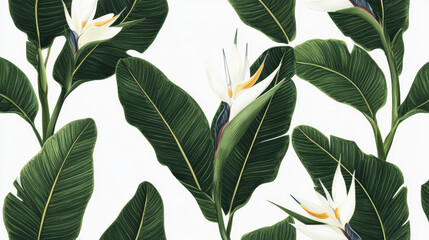 Exotic tropical foliage with bird of paradise flowers, lush green leaves, and elegant botanical pattern in a dark, moody background, perfect for nature-inspired designs, home decor, wallpapers, and fa