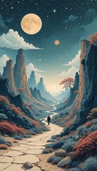 Fototapeta premium A solitary person walks on a path under a starry night sky