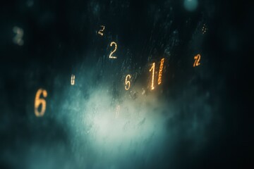 Glowing Numerals Emerge From Obscurity: A Mysterious Symphony of Numbers in a Dark, Atmospheric Setting