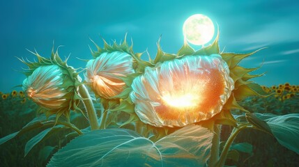 Glowing Sunflowers Under Moonlight in a Surreal Landscape Scene