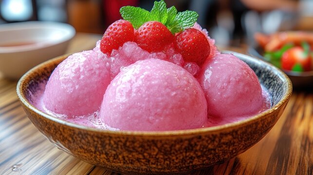 Pink dessert, berries, mint, restaurant, background