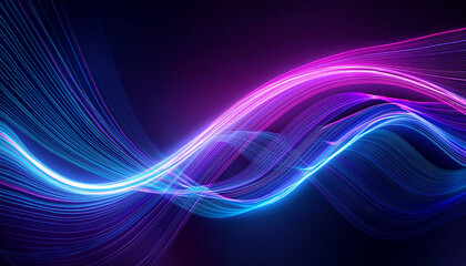 Fototapeta premium Neon color glowing wave one line in a dark blue purple background, impulse abstract cable lines.