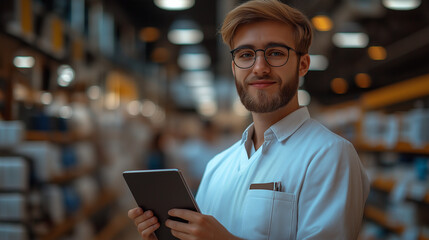 Fototapeta premium A young man stands confidently in a warehouse, holding a tablet. He wears a white shirt and glasses, surrounded by neatly arranged shelves filled with products