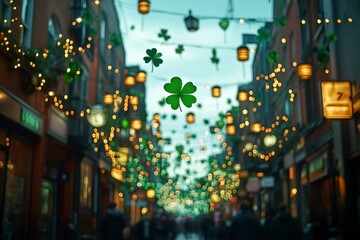 Festive street scene with clover decorations and soft lights, creating a joyful and inviting atmosphere for a special occasion