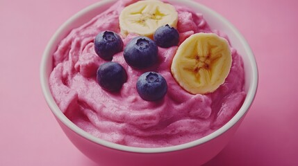 Pink smoothie bowl with blueberries and banana on pink background