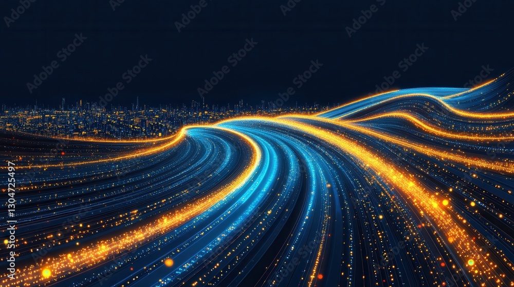 Poster futuristic cityscape with flowing data streams and glowing lights a digital network concept