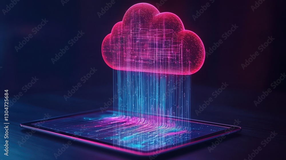 Poster futuristic digital cloud with data streaming from tablet design