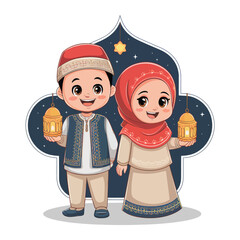 Cute Muslim Boy and Girl Holding Lanterns in Traditional Ottoman Ramadan Clothing – Vector Illustration