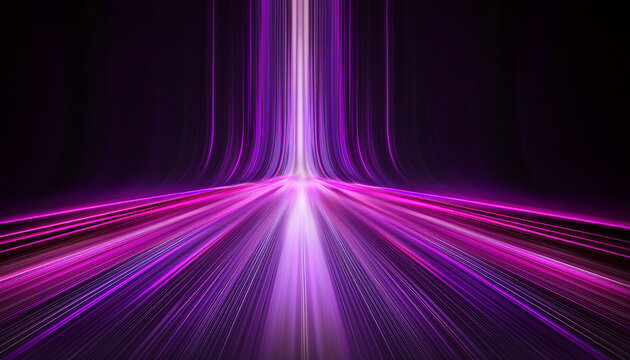 Neon purple speed rays on the dark asphalt, velocity light neon purple pink flow, zoom in motion effect, purple glow speed lines, colorful light trails, stripes on black background.