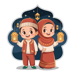 Cute Muslim Boy and Girl Holding Lanterns in Traditional Ottoman Ramadan Clothing – Vector Illustration