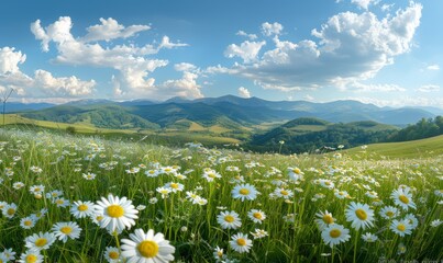 Beautiful spring and summer natural panoramic pastoral landscape with blooming field of daisies in the grass in the hilly countryside