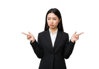 Puzzled pretty asian businesswoman in black suit troubled making choice, standing indecisive, pointing fingers sideways and look doubtful, thinking what decision make isolated on White background