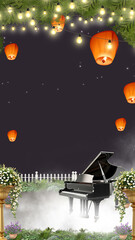 Indian Wedding Reception Invitation vintage design with lanterns piano grass fence, sangeet, roka, haldi, engagement, cocktail invite, shaadi card © She