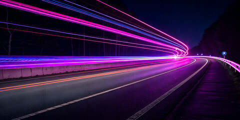 Realistic neon purple pink speed rays on the dark asphalt at night background.