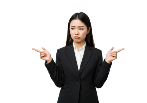 Puzzled pretty asian businesswoman in black suit troubled making choice, standing indecisive, pointing fingers sideways and look doubtful, thinking what decision make isolated on White background