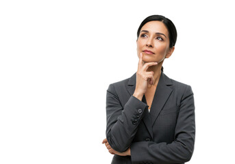 Smart professional female architect, industrial woman in suit thinking about solution, looking upper left corner and touching chin thoughtful, making-up plan isolated on White background