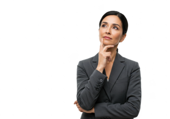 Smart professional female architect, industrial woman in suit thinking about solution, looking upper left corner and touching chin thoughtful, making-up plan isolated on White background