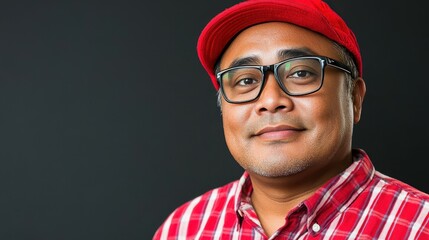 A man wearing a red cap and glasses smiles warmly, showcasing his friendly demeanor. He has a textured beard and wears a checkered shirt, creating a casual yet inviting atmosphere