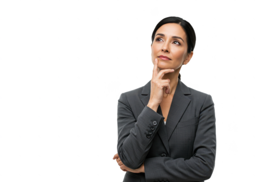 Smart professional female architect, industrial woman in suit thinking about solution, looking upper left corner and touching chin thoughtful, making-up plan isolated on White background - Powered by Adobe