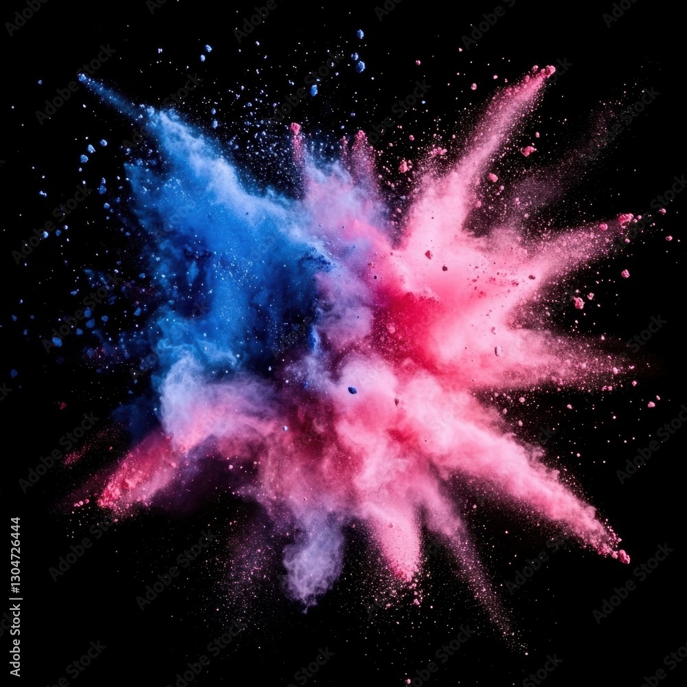 Poster dynamic explosion of vibrant pink and blue powder against a stark black background creating a captiv